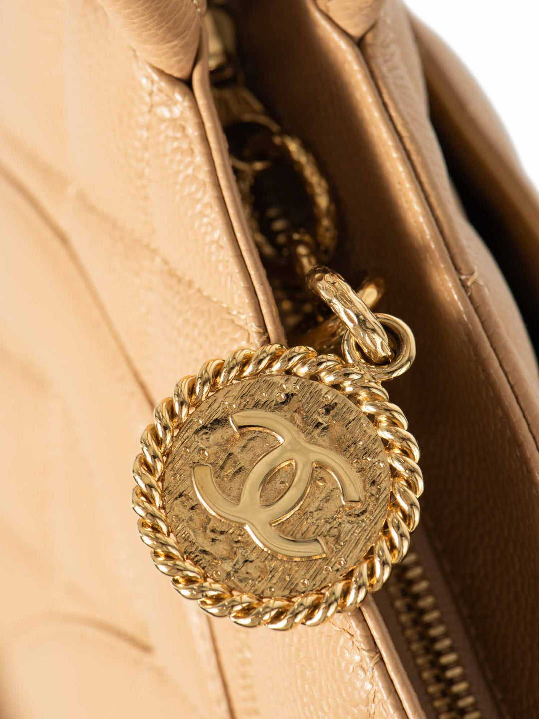 Top Quality Chanel CC Logo Caviar Leather Top Handle Shoulder Bag Beige Gold