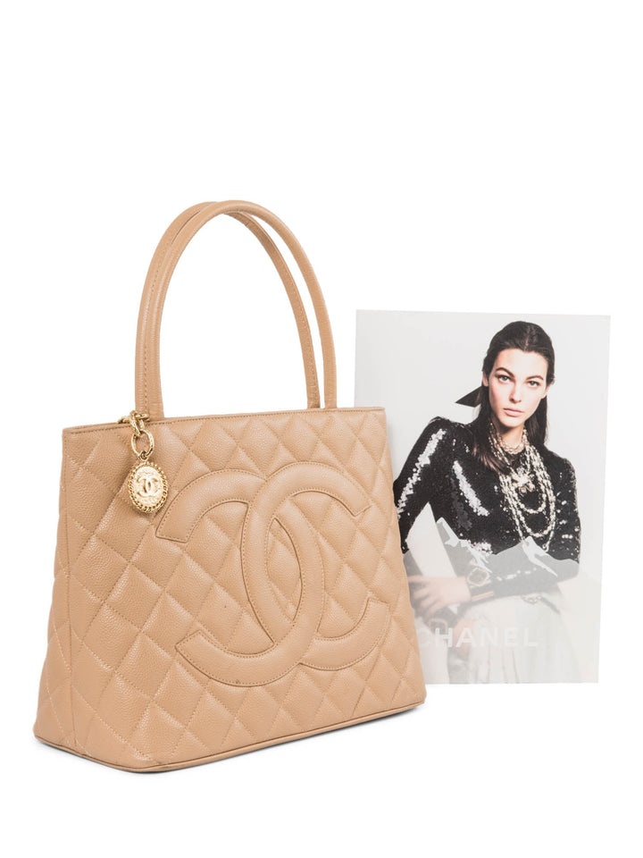Top Quality Chanel CC Logo Caviar Leather Top Handle Shoulder Bag Beige Gold