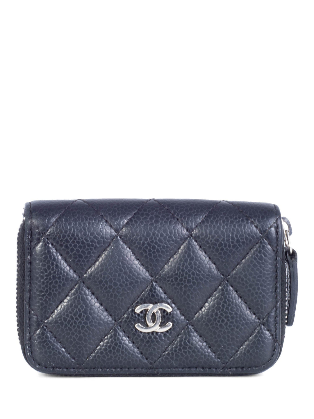 Top Quality Chanel CC Logo Caviar Leather Zippered Credit Card Wallet Black Silver