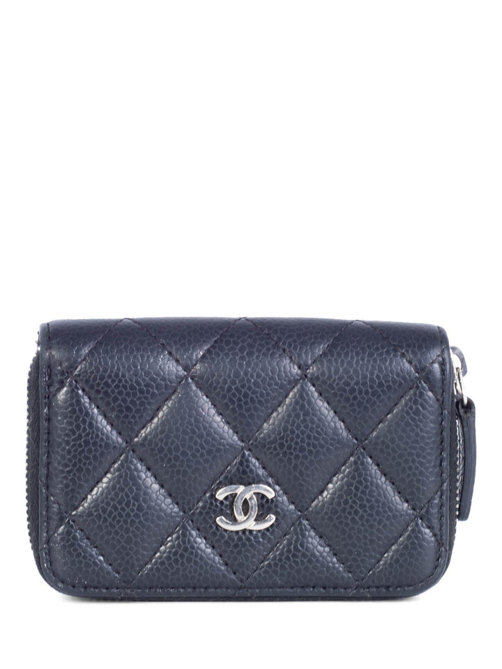 Top Quality Chanel CC Logo Caviar Leather Zippered Credit Card Wallet Black Silver
