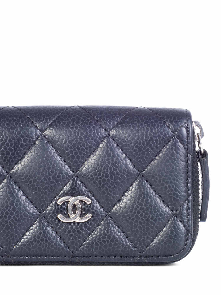 Top Quality Chanel CC Logo Caviar Leather Zippered Credit Card Wallet Black Silver