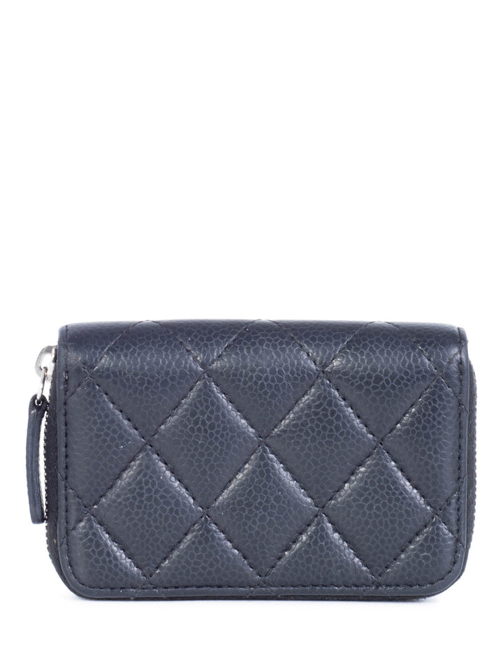 Top Quality Chanel CC Logo Caviar Leather Zippered Credit Card Wallet Black Silver