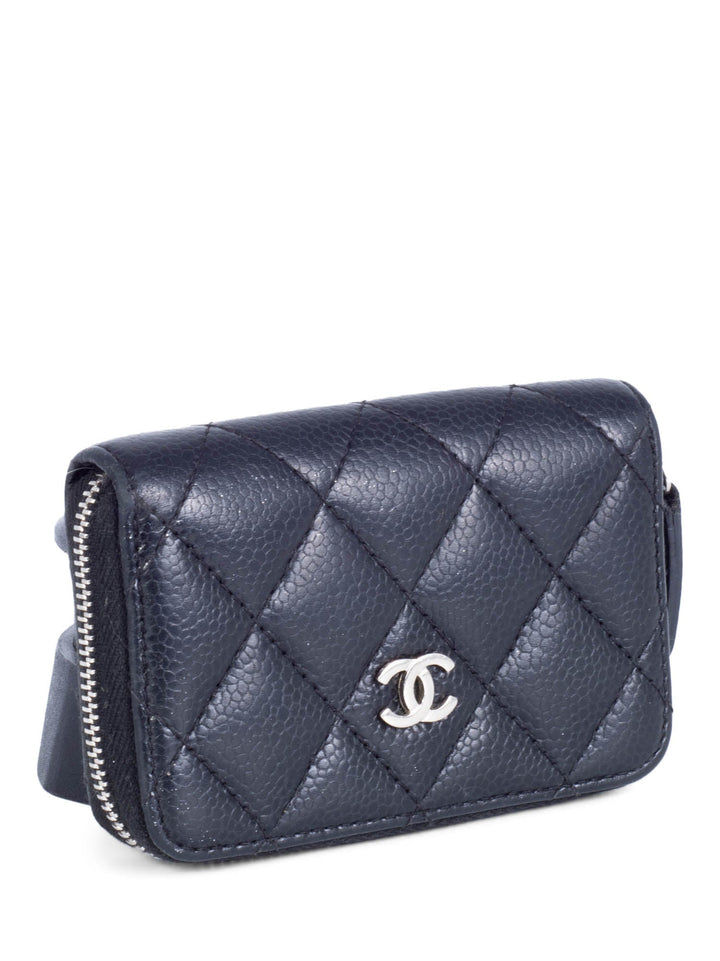 Top Quality Chanel CC Logo Caviar Leather Zippered Credit Card Wallet Black Silver