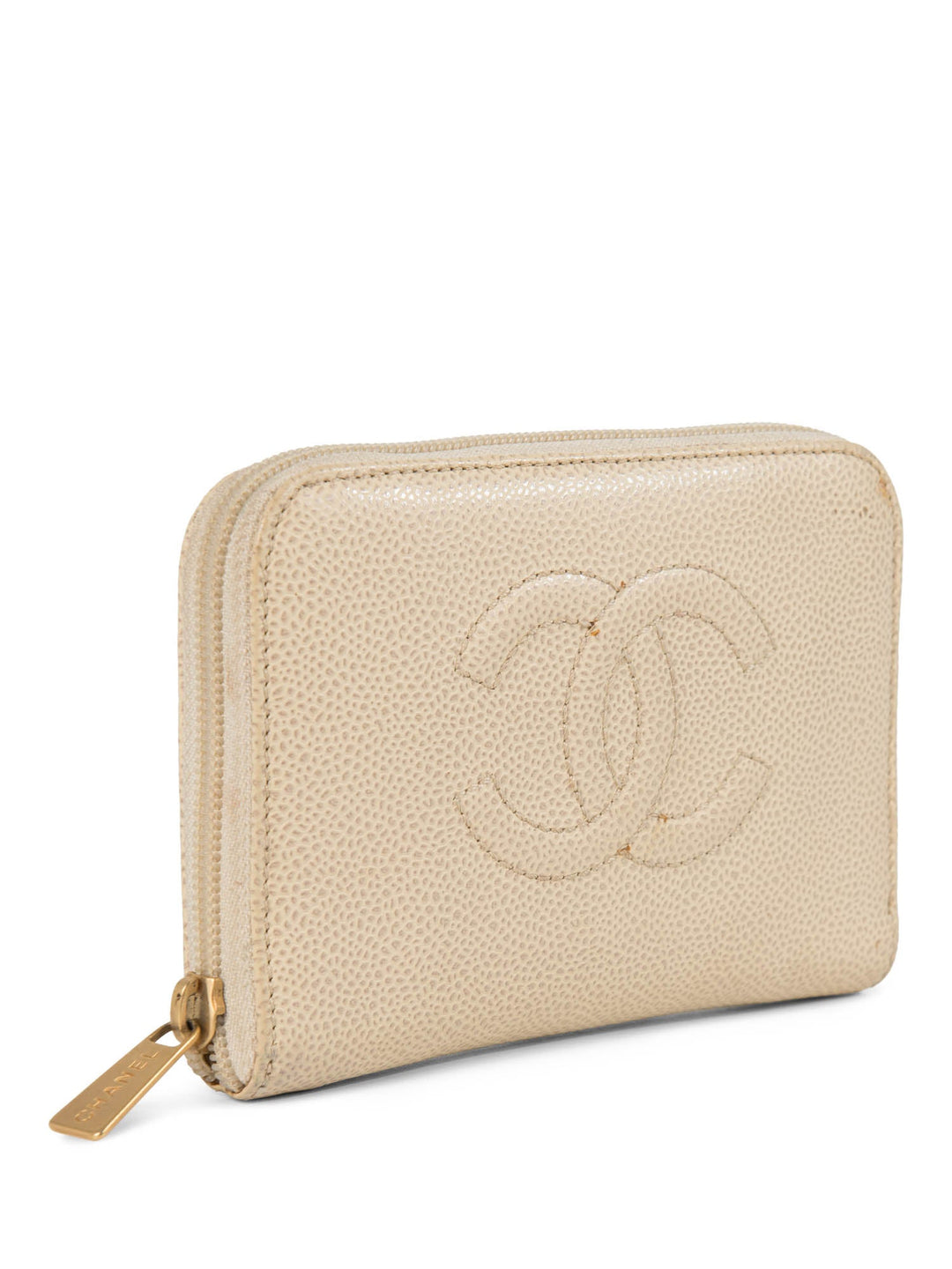 Top Quality Chanel CC Logo Caviar Leather Zippered Wallet Ivory