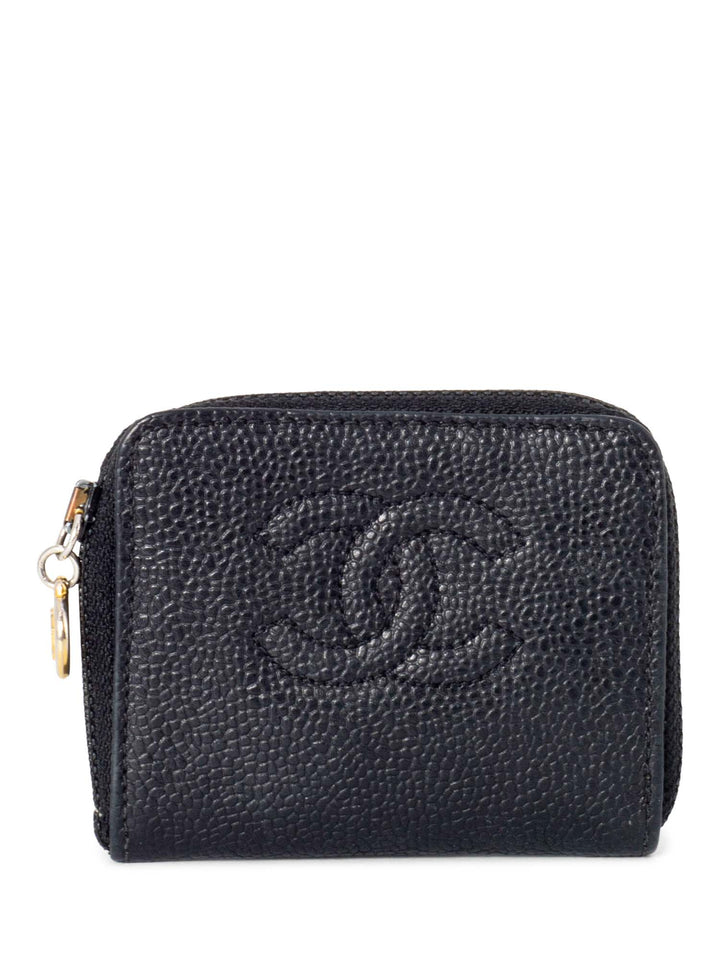 Top Quality Chanel CC Logo Caviar Zippered Card Wallet Black