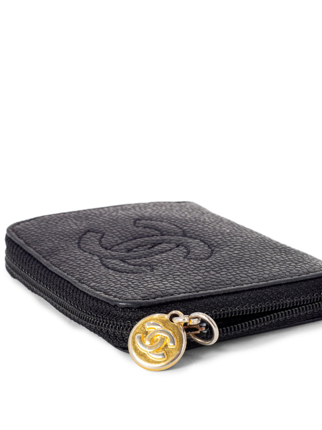 Top Quality Chanel CC Logo Caviar Zippered Card Wallet Black
