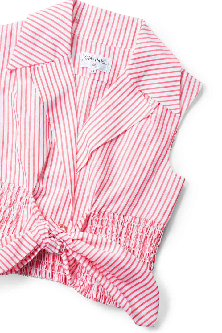 Top Quality Chanel CC Logo Cotton Cropped Striped Blouse Red White