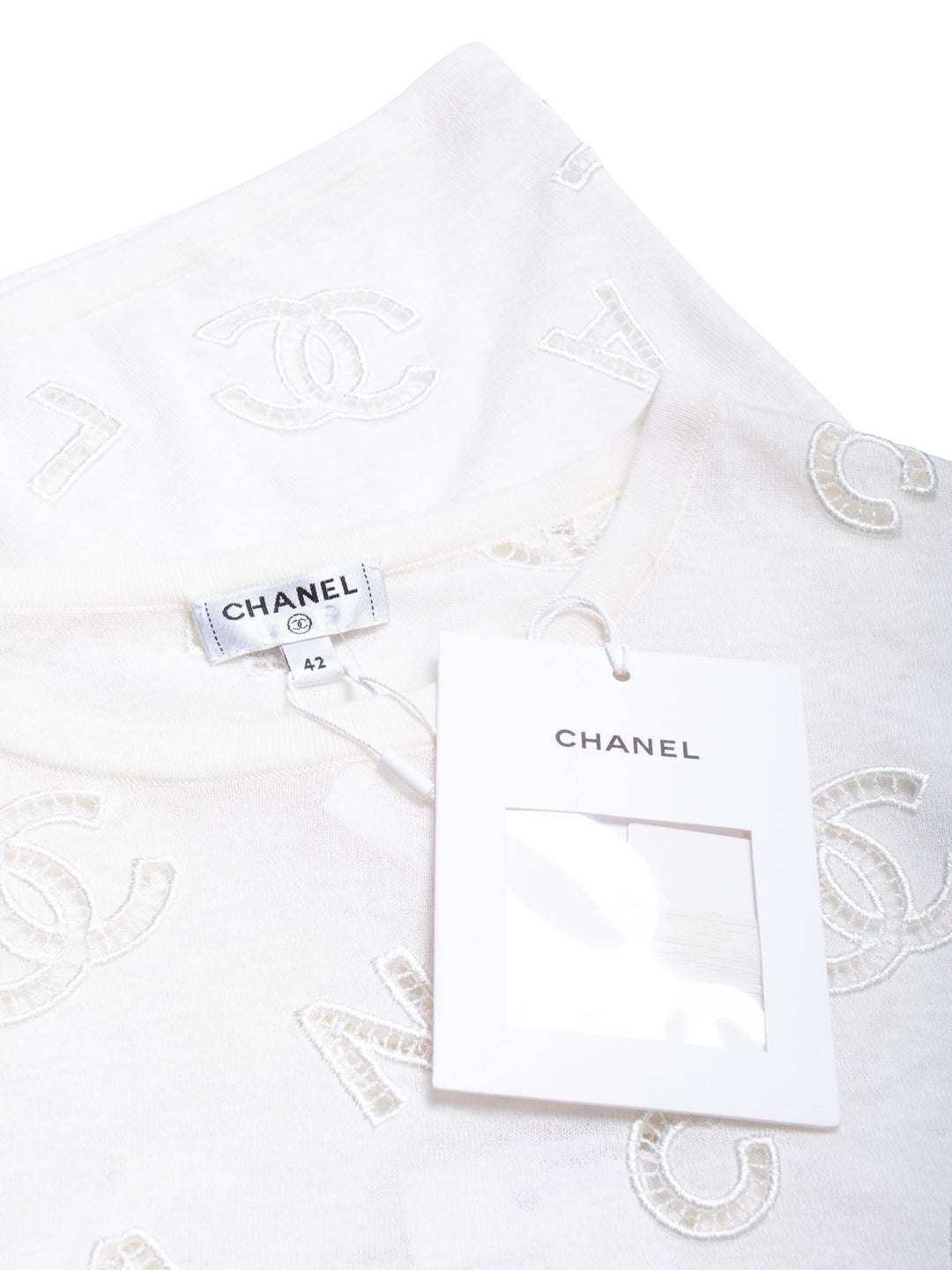 Top Quality Chanel CC Logo Cotton Eyelet Embroidered T-Shirt White