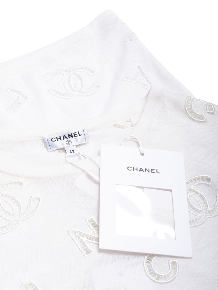 Top Quality Chanel CC Logo Cotton Eyelet Embroidered T-Shirt White