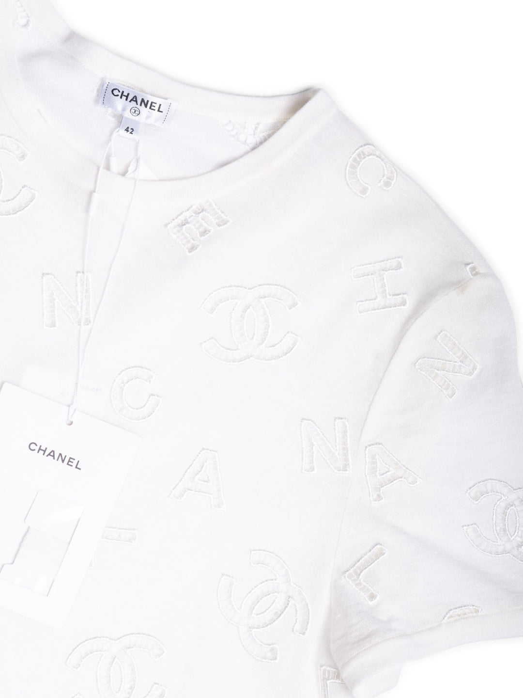 Top Quality Chanel CC Logo Cotton Eyelet Embroidered T-Shirt White