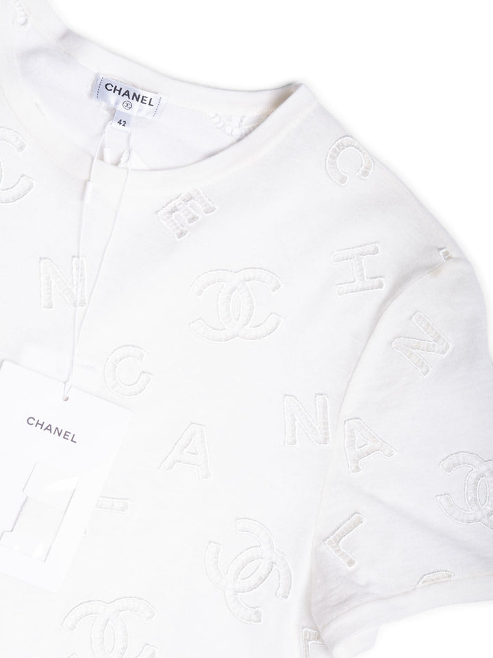 Top Quality Chanel CC Logo Cotton Eyelet Embroidered T-Shirt White