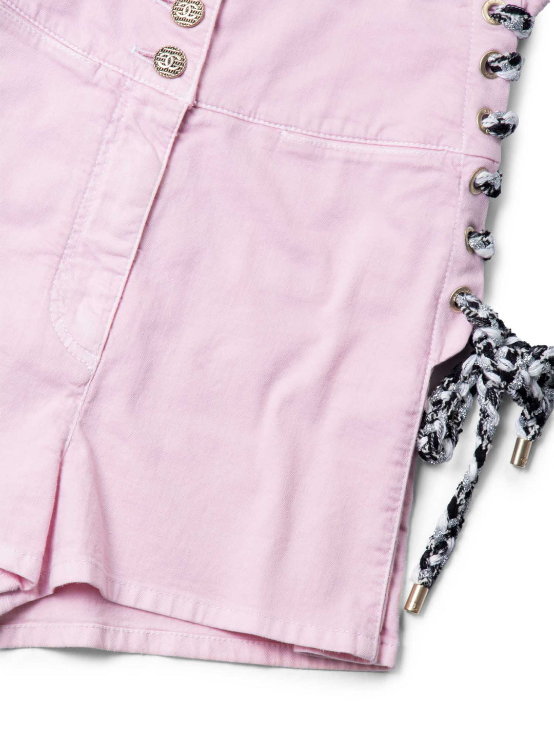 Top Quality Chanel CC Logo Cotton Tweed Lace Up High Waisted Shorts Pink
