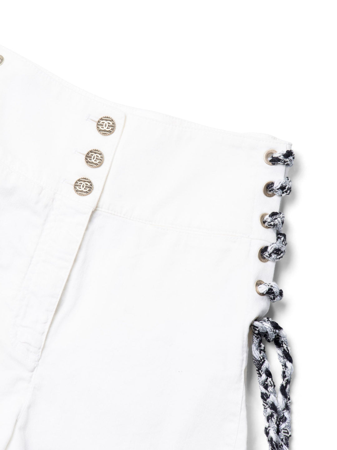 Top Quality Chanel CC Logo Cotton Tweed Lace Up High Waisted Shorts White Black