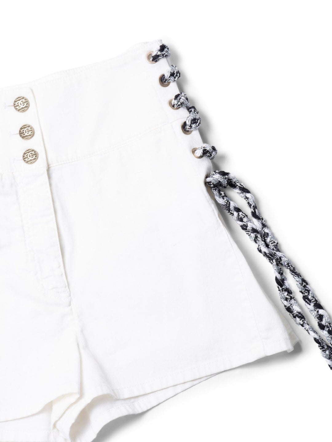Top Quality Chanel CC Logo Cotton Tweed Lace Up High Waisted Shorts White Black