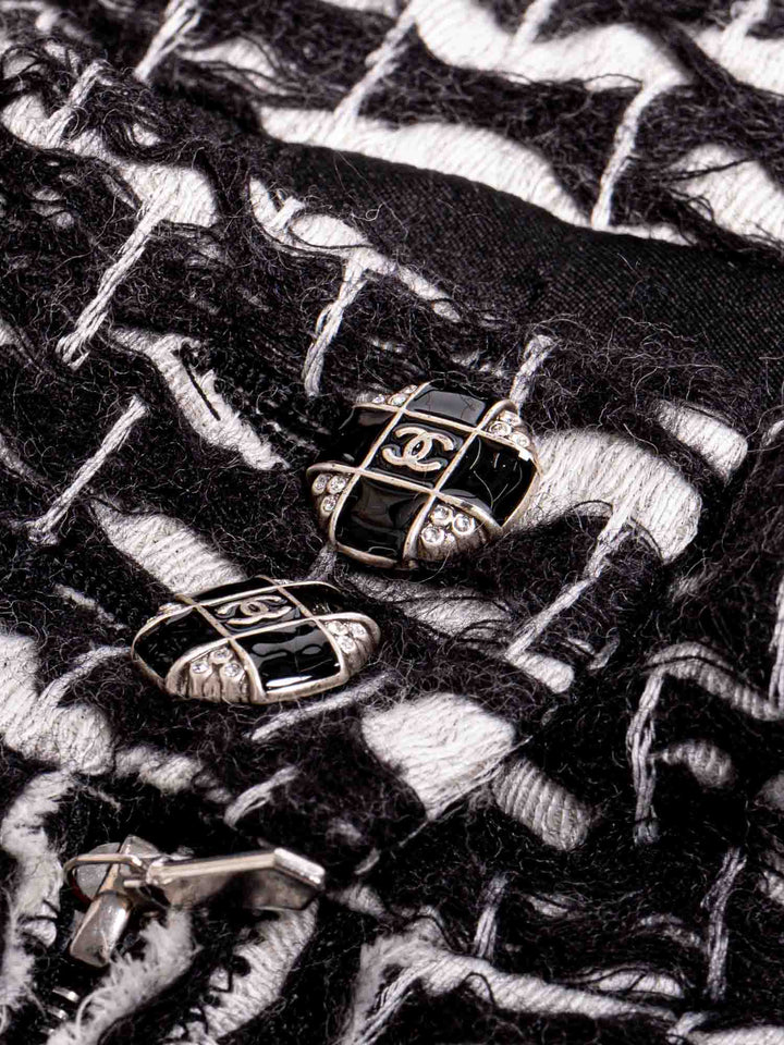 Top Quality Chanel CC Logo Fantasy Tweed Fringe A-Line Coat Black White