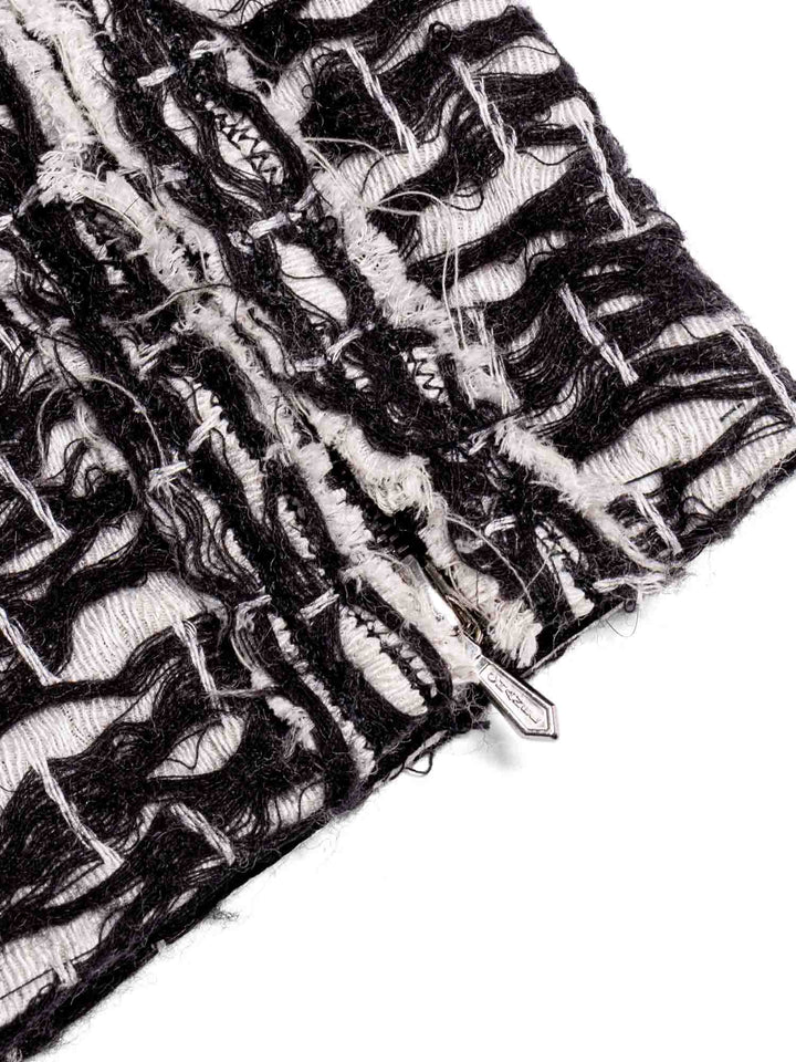 Top Quality Chanel CC Logo Fantasy Tweed Fringe A-Line Coat Black White