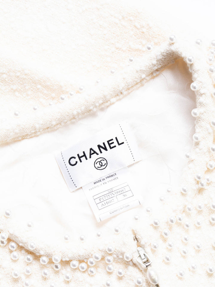 Top Quality Chanel CC Logo Fantasy Tweed Pearl Two Piece Mermaid Maxi Skirt Vest Ivory