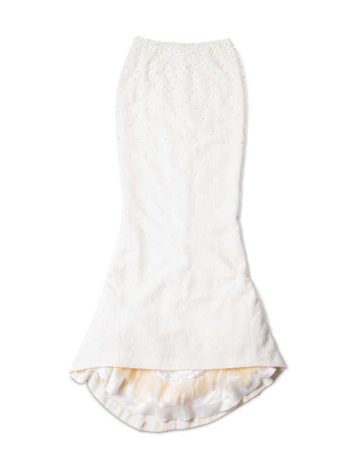 Top Quality Chanel CC Logo Fantasy Tweed Pearl Two Piece Mermaid Maxi Skirt Vest Ivory
