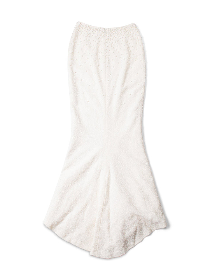 Top Quality Chanel CC Logo Fantasy Tweed Pearl Two Piece Mermaid Maxi Skirt Vest Ivory
