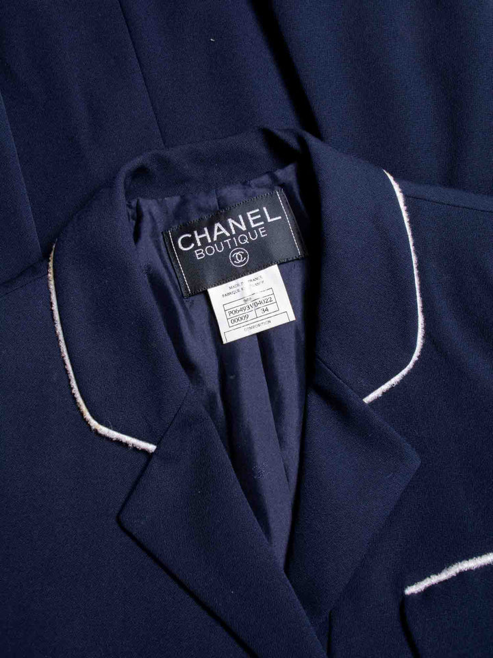Top Quality Chanel CC Logo Fringe Wool Jacket Navy Ivory