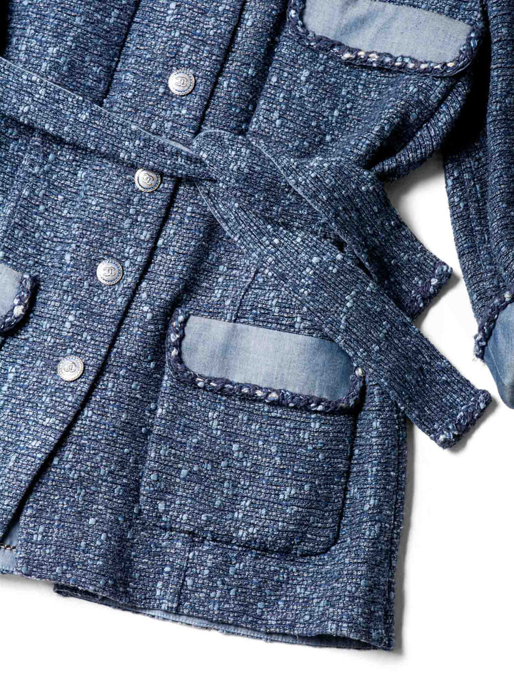 Top Quality Chanel CC Logo Fringy Fantasy Tweed Jacket Blue