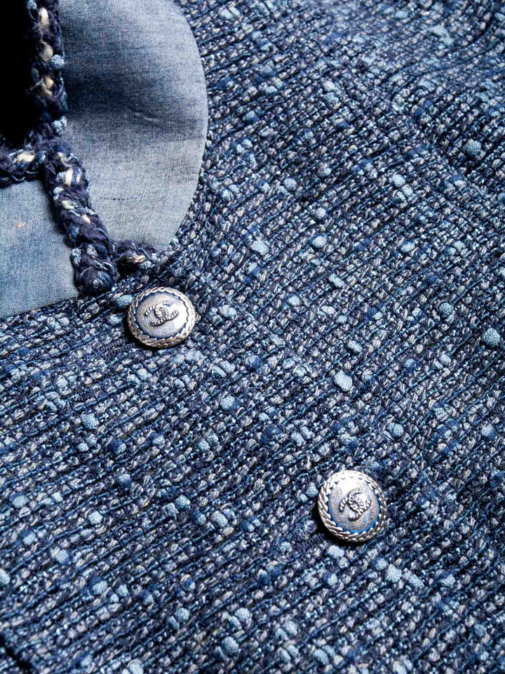 Top Quality Chanel CC Logo Fringy Fantasy Tweed Jacket Blue