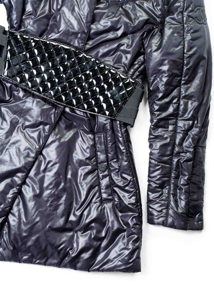 Top Quality Chanel CC Logo Hooded Patent Leather Belt Puffer Coat Black