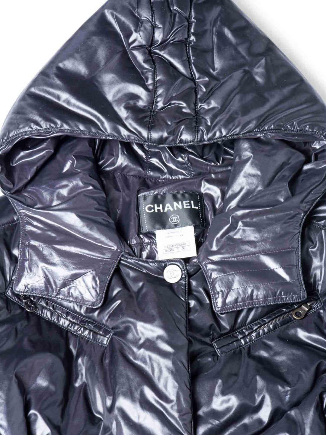 Top Quality Chanel CC Logo Hooded Patent Leather Belt Puffer Coat Black