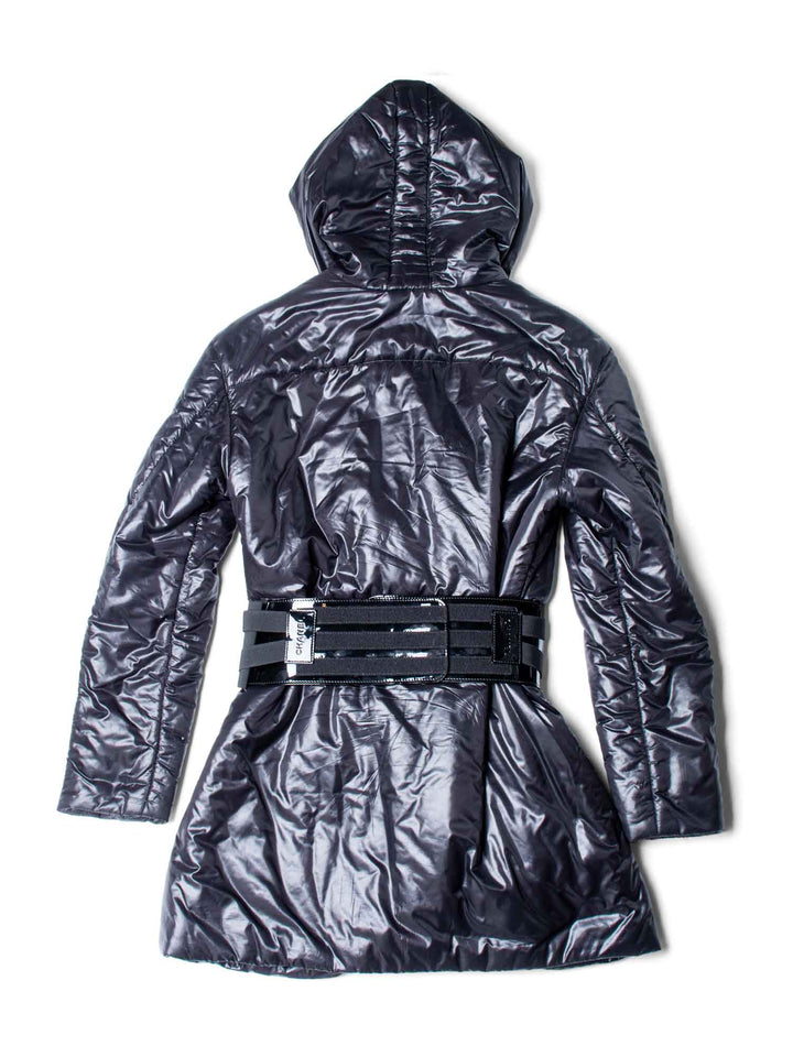 Top Quality Chanel CC Logo Hooded Patent Leather Belt Puffer Coat Black