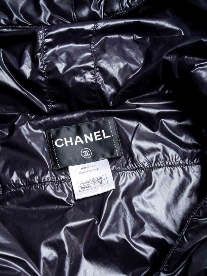 Top Quality Chanel CC Logo Hooded Patent Leather Belt Puffer Coat Black