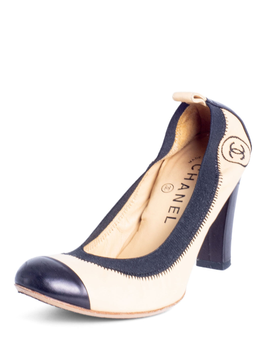 CHANEL CC Logo Leather Cap Toe Heels Beige Black-designer resale