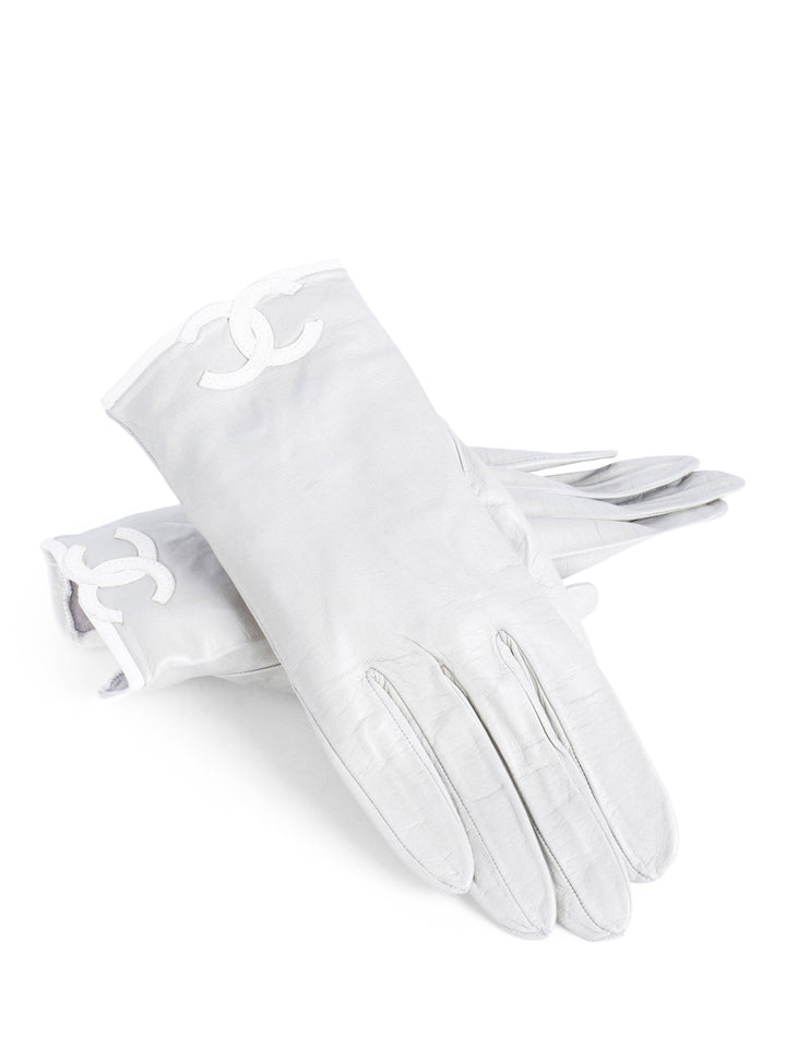 Top Quality Chanel CC Logo Leather Gloves Grey White