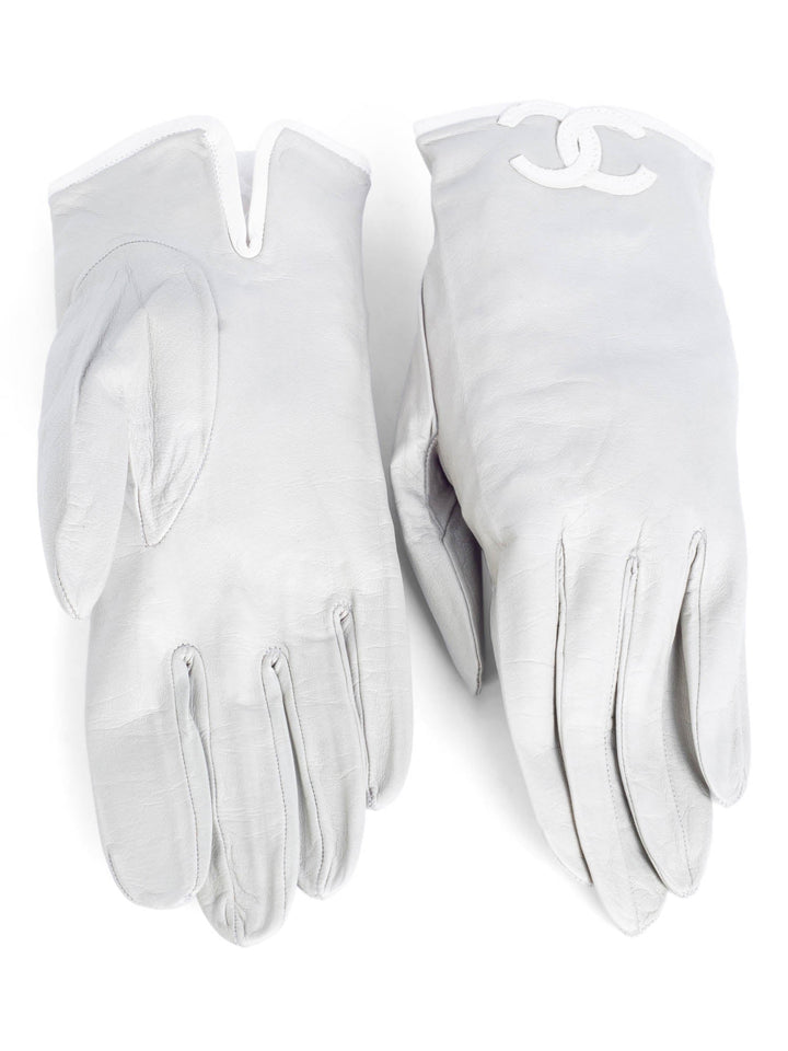 Top Quality Chanel CC Logo Leather Gloves Grey White