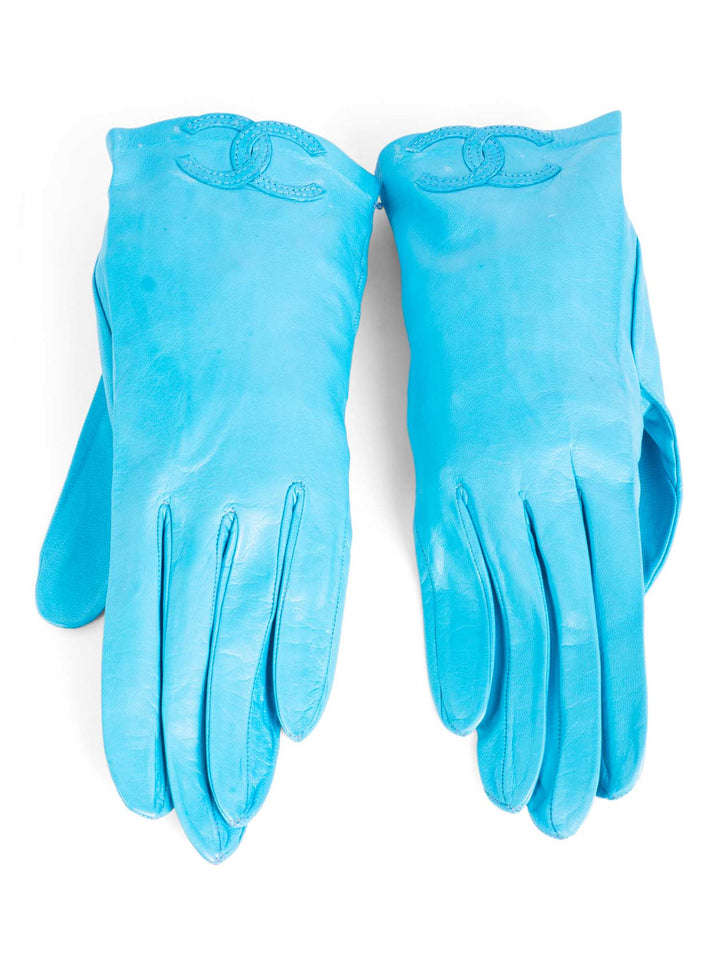 Top Quality Chanel CC Logo Leather Gloves Sky Blue