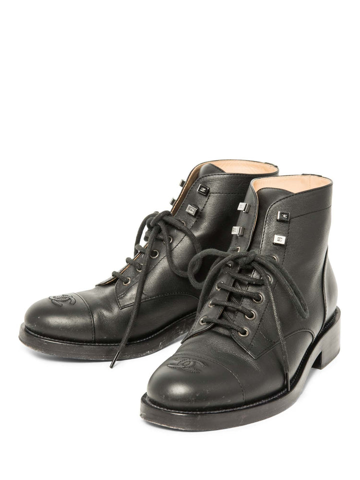 Top Quality Chanel CC Logo Leather Lace Up Cap Toe Boots Black
