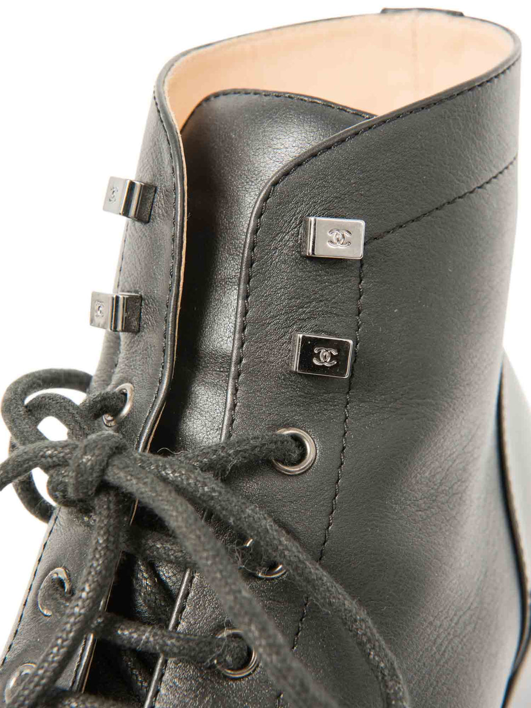 Top Quality Chanel CC Logo Leather Lace Up Cap Toe Boots Black