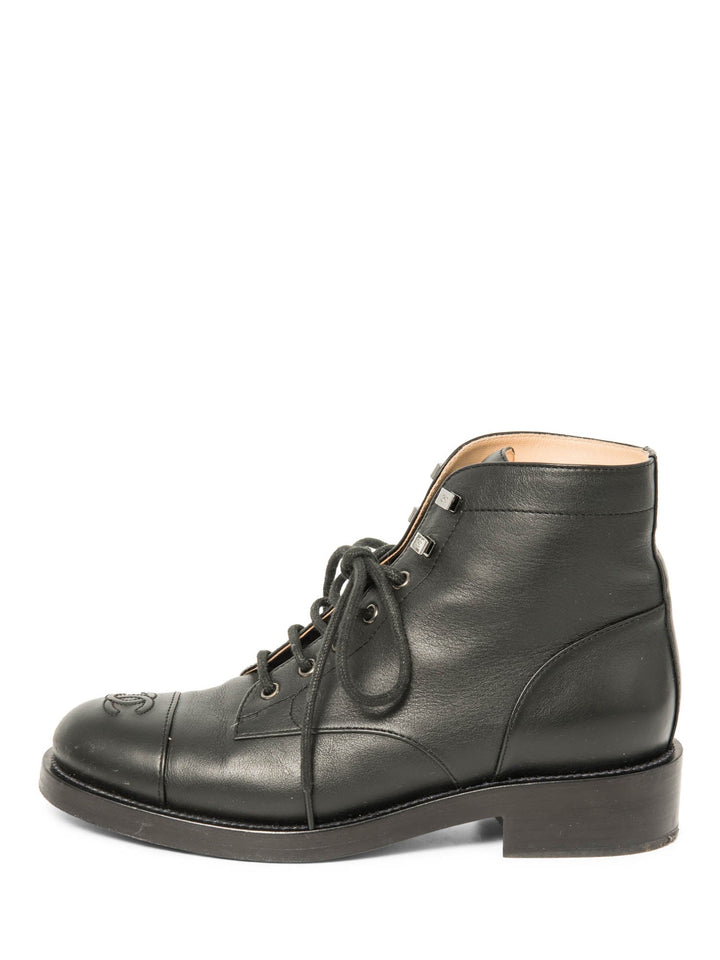 Top Quality Chanel CC Logo Leather Lace Up Cap Toe Boots Black