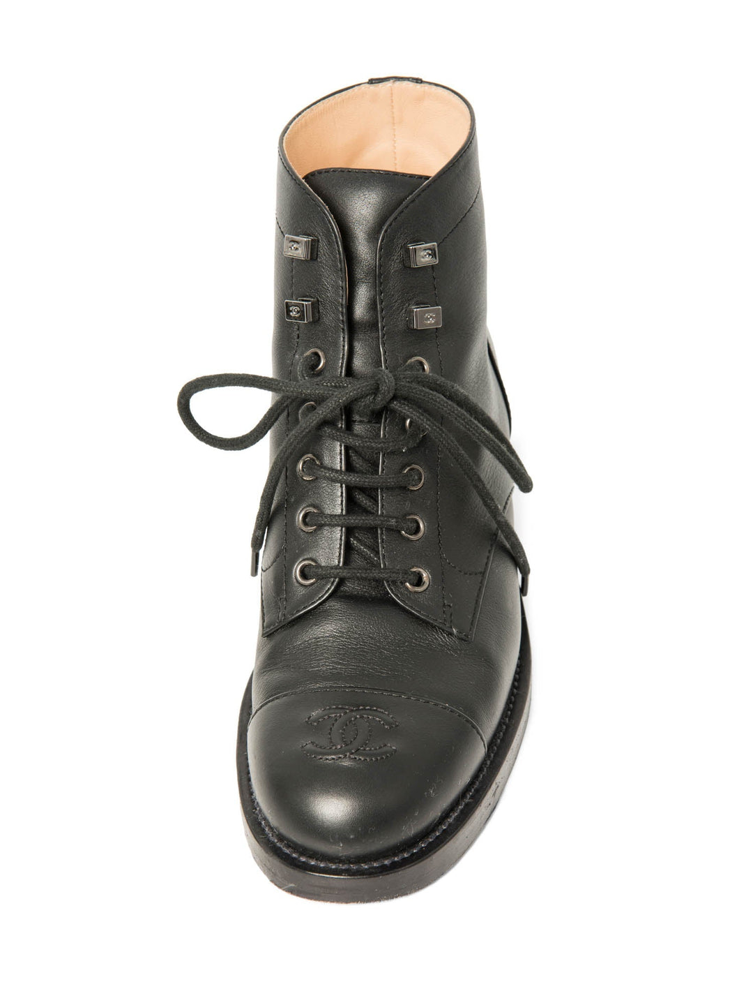 Top Quality Chanel CC Logo Leather Lace Up Cap Toe Boots Black
