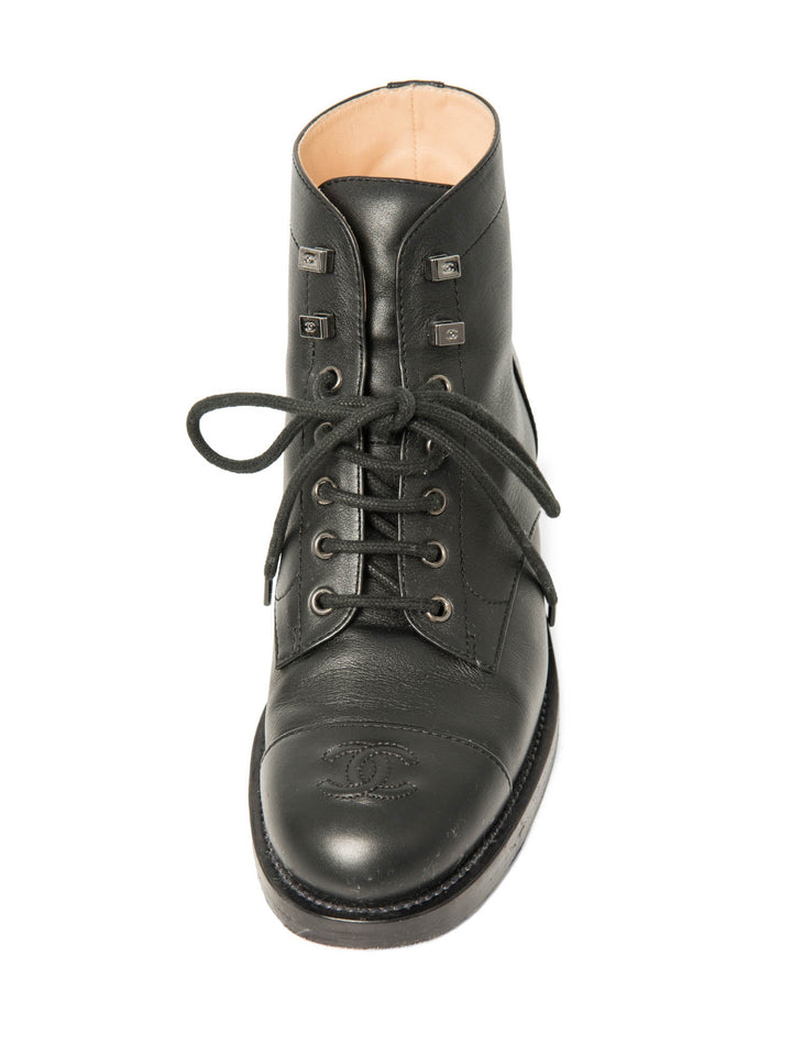 Top Quality Chanel CC Logo Leather Lace Up Cap Toe Boots Black