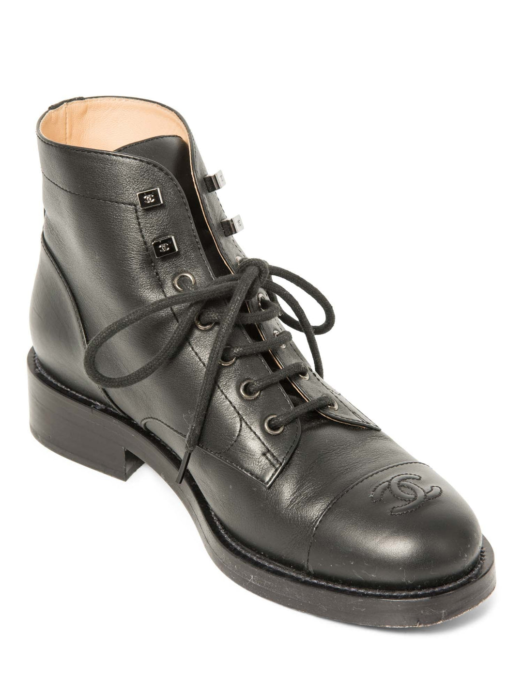 Top Quality Chanel CC Logo Leather Lace Up Cap Toe Boots Black