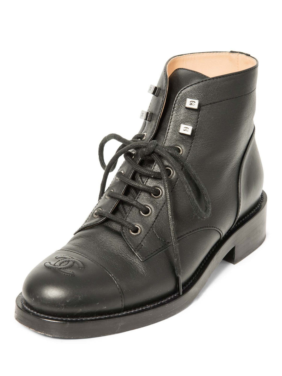 Top Quality Chanel CC Logo Leather Lace Up Cap Toe Boots Black