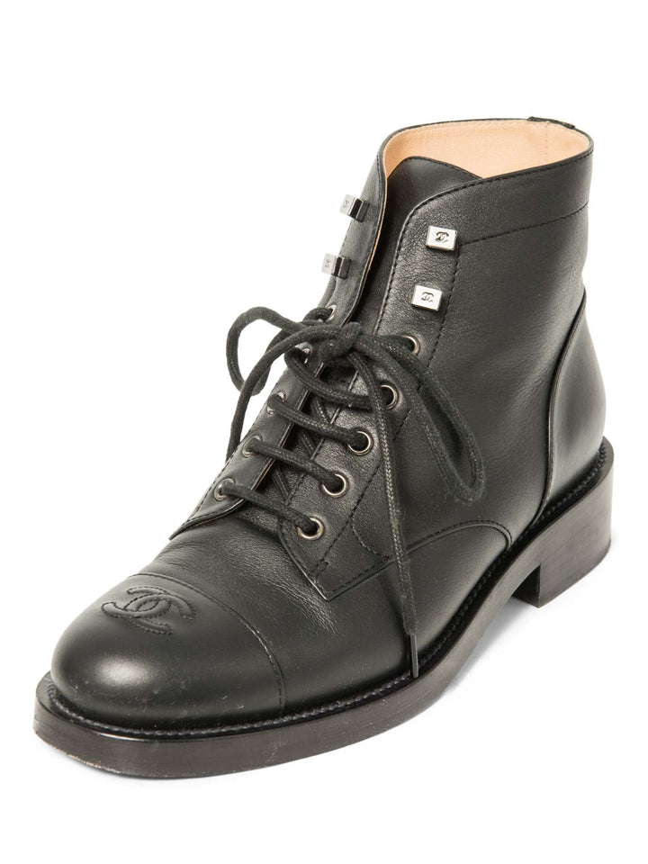 Top Quality Chanel CC Logo Leather Lace Up Cap Toe Boots Black