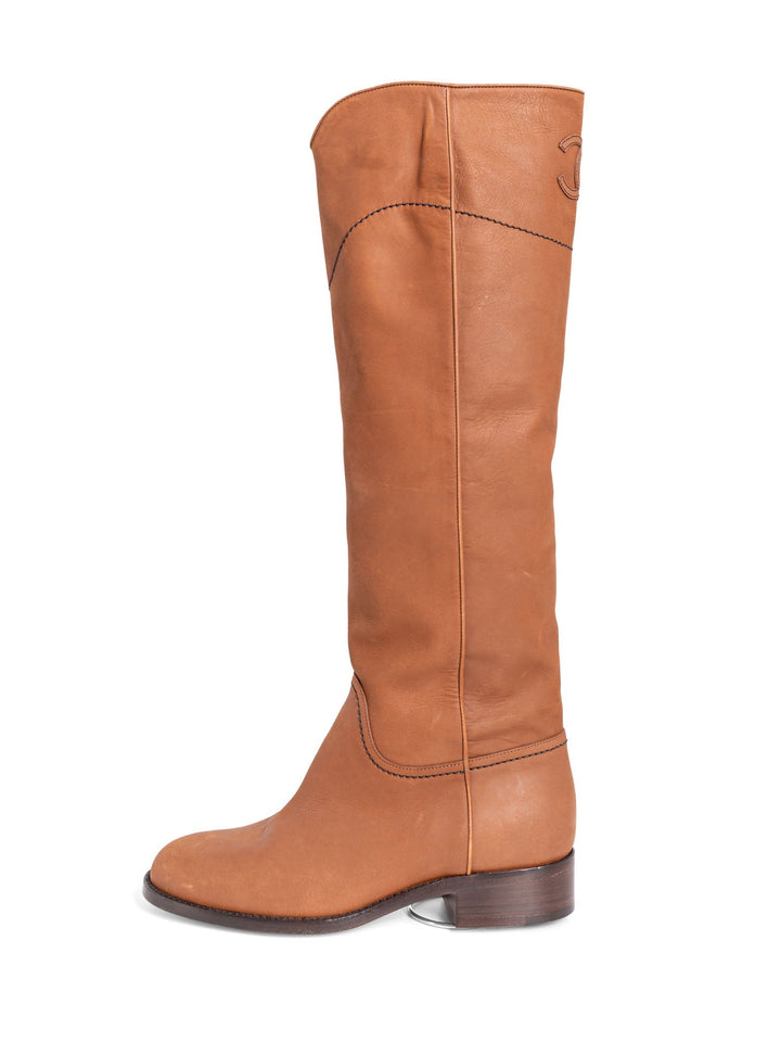Top Quality Chanel CC Logo Leather Pull On Flat Boots Brown