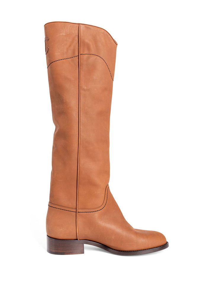 Top Quality Chanel CC Logo Leather Pull On Flat Boots Brown