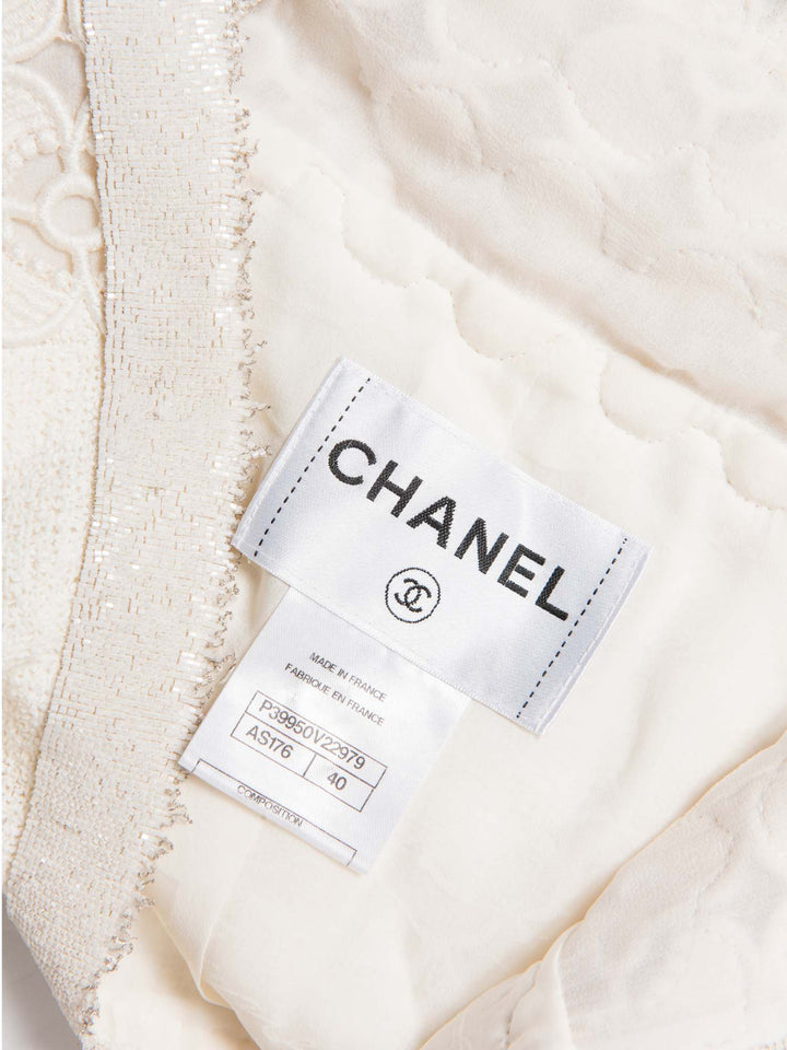 Top Quality Chanel CC Logo Lesage Tweed Camellia Beaded Fringe Jacket Ivory