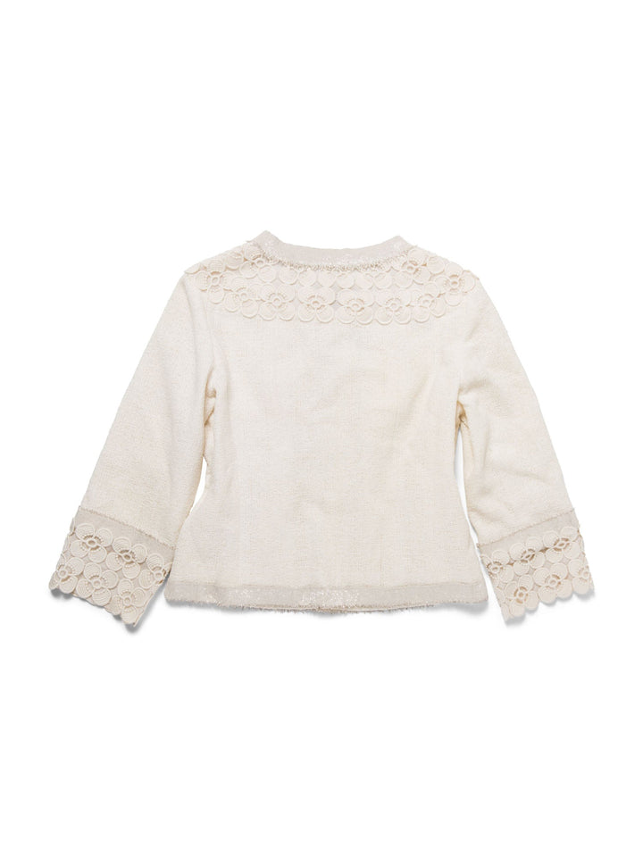 Top Quality Chanel CC Logo Lesage Tweed Camellia Beaded Fringe Jacket Ivory