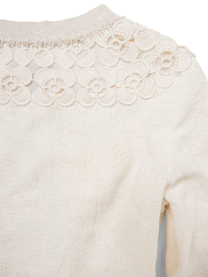 Top Quality Chanel CC Logo Lesage Tweed Camellia Beaded Fringe Jacket Ivory