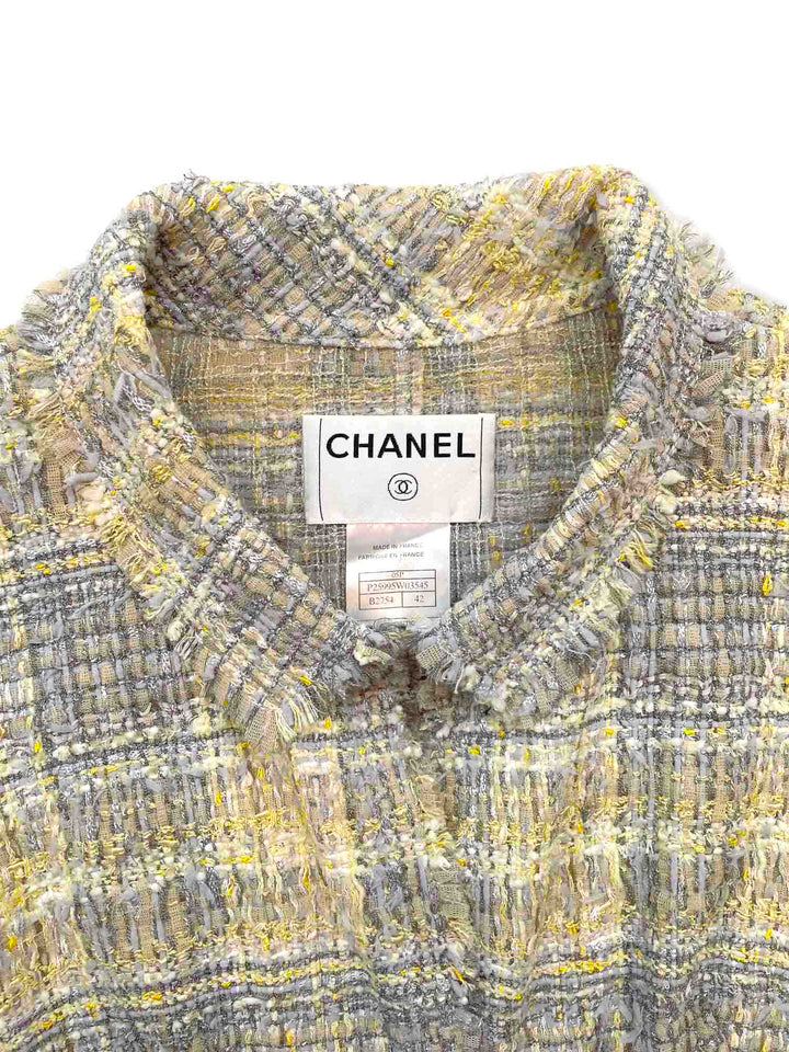 Top Quality Chanel CC Logo Lesage Tweed Fringe Jacket Grey Yellow