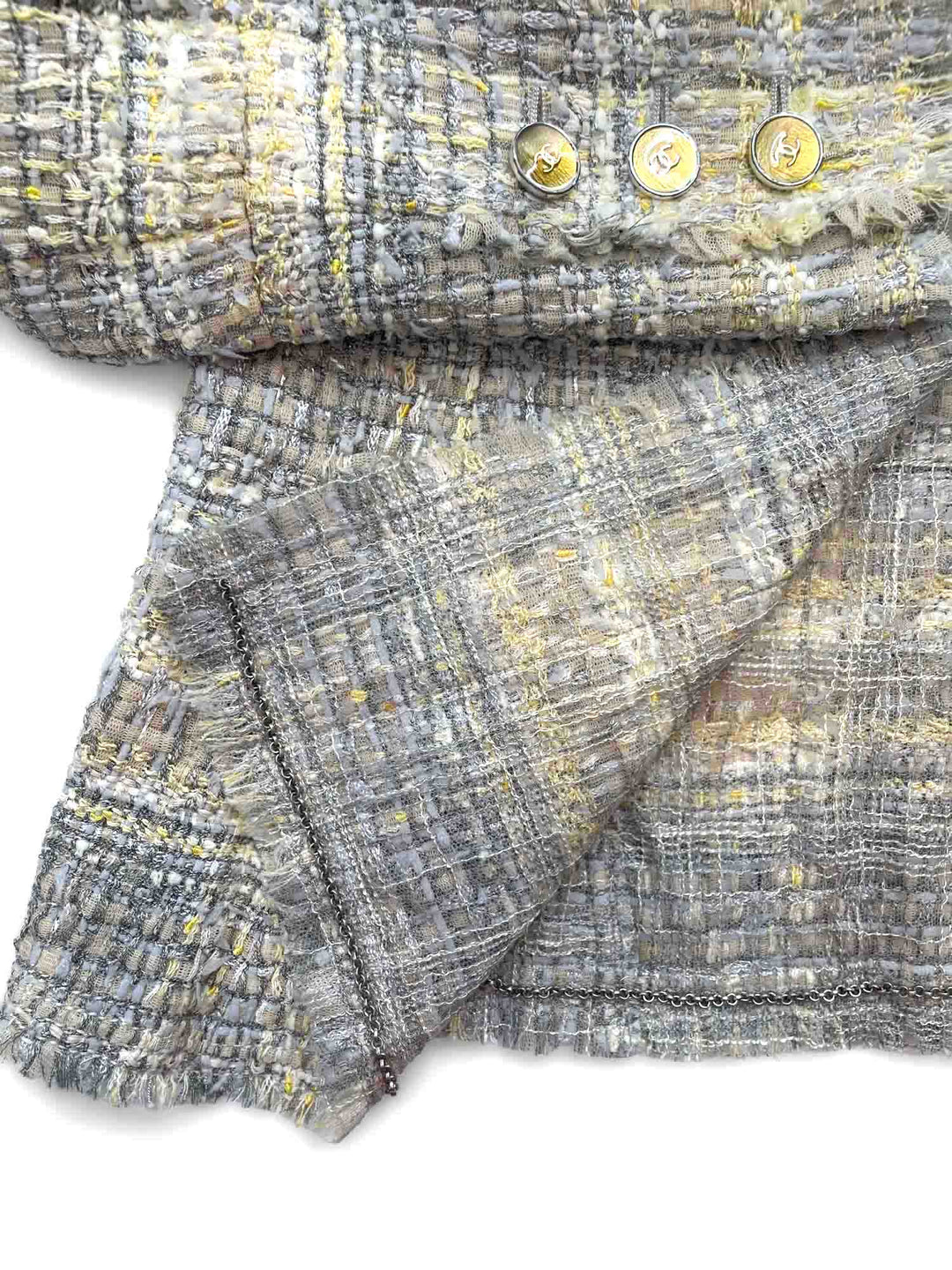 Top Quality Chanel CC Logo Lesage Tweed Fringe Jacket Grey Yellow