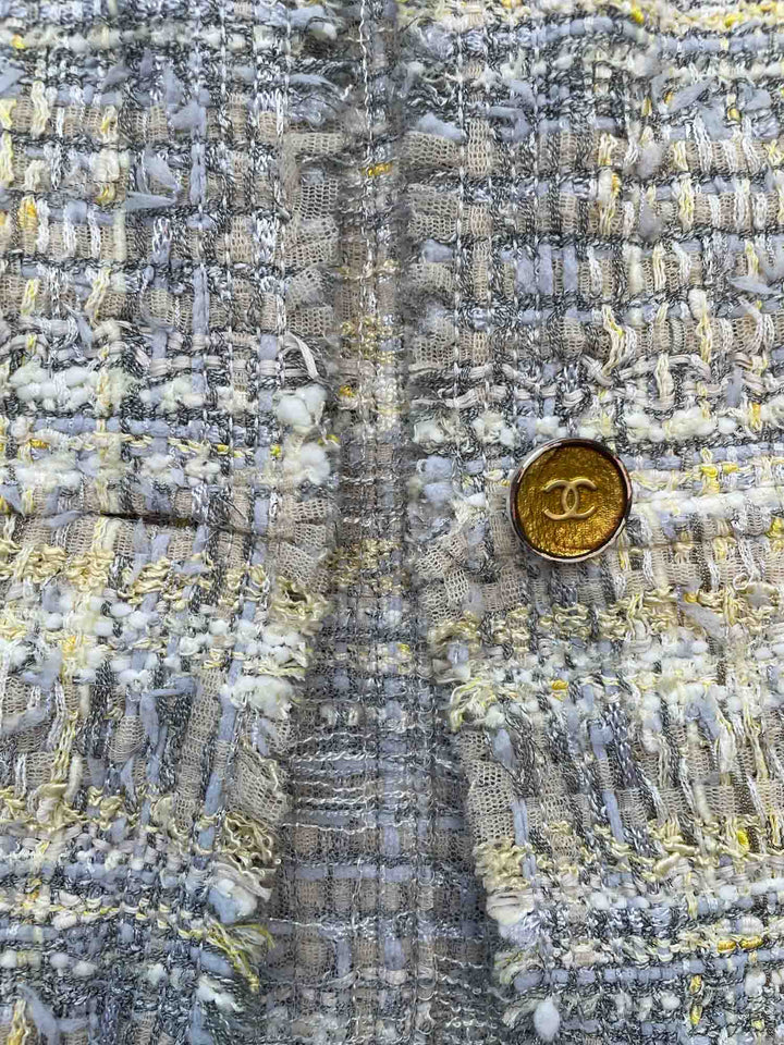 Top Quality Chanel CC Logo Lesage Tweed Fringe Jacket Grey Yellow